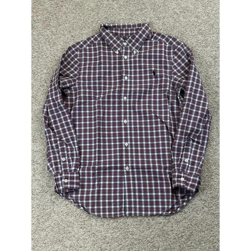 Ralph Lauren Button Down Youth Dress Shirt Size L(14-16) Red Plaid